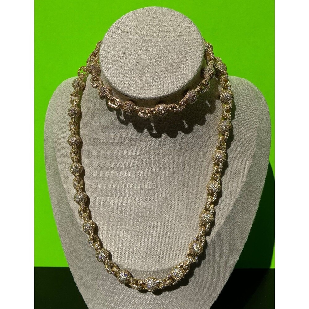 New Lab Moissanite Necklace Bracelet Lot Golden Cuban Ball N Chain Link Bling